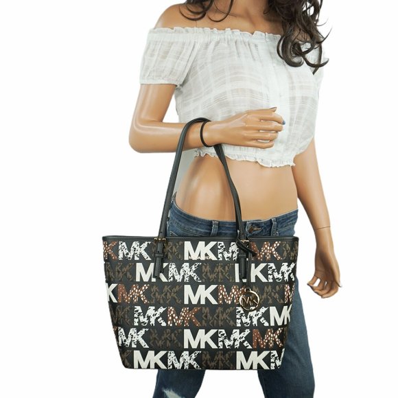 Michael Kors Jet Set Travel Medium Carryall Tote Graphic Mk Black